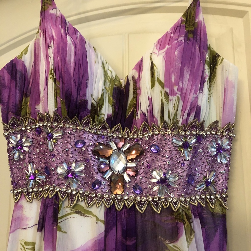 Purple Floral Beaded Waist Evening Dress